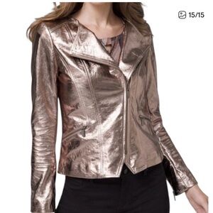 WHBM Metallic Leather Moto Jacket Asymmetric Zip NWT Gold